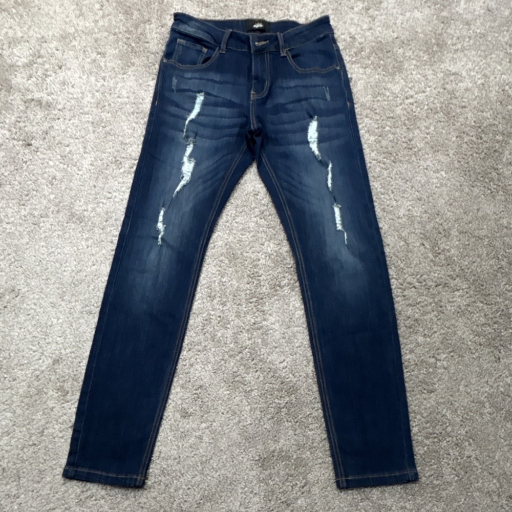Women's ZLZ Denim‎ Dark Wash Distressed Skinny Jeans Blue Mid Rise 5-Pocket Logo